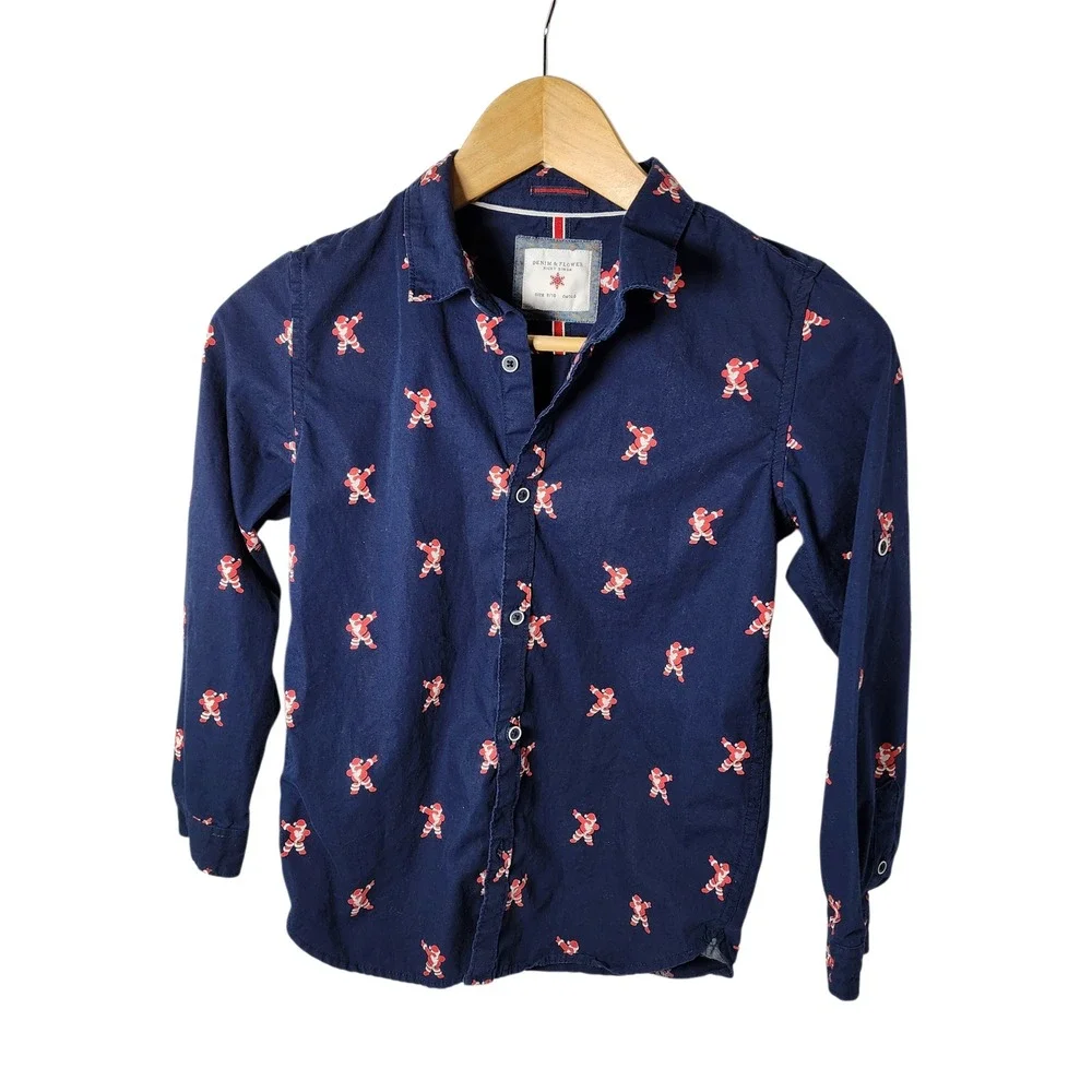 Denim & Flower Ricky Singh Boy Long Sleeve Shirt Christmas Santa Print Size 9 10